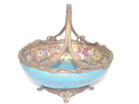 VICTORIAN VENETIAN STYLE PORCELAIN BRONZE BASKET BOWL: Up for sale is this wonderful Victorian venetian style porcelain footed bowl with what I believe to be brass or bronze accents decorating the piece. The bowl measures about 8 1/2" tall, by 8 1/2" long