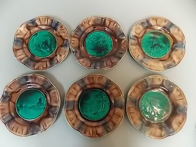 6 ANTIQUE FRENCH MAJOLICA PLATES W/ ARAB & EUROPEAN: A LOVELY ANTIQUE SET OF 6 FRENCH MAJOLICA PLATES THAT MEASURE 8 1/2" IN DIAMETER. CONDITION OF THE SET IS NICE FOR THEIR AGE BUT AS YOU CAN SEE THE ONE PLATE HAS BEEN REPAIRED. THERE IS ALSO A SMALL F