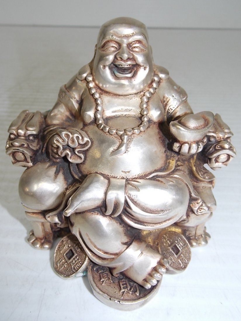 VINTAGE CHINESE WHITE BRONZE LAUGHING BUDDHA STATUE (1 of 9)