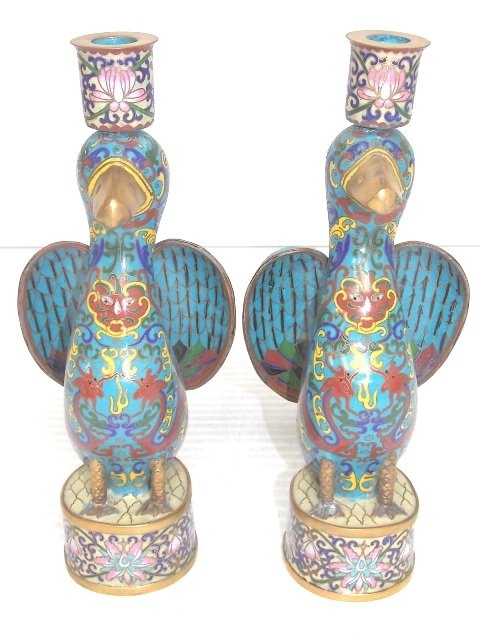 VINTAGE CHINESE CLOISONNE DUCK CANDLESTICKS W/ GOLD (1 of 6)