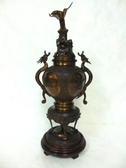 ANTIQUE CHINESE BRONZE ? CENSER W/ DRAGONS (1 of 10)