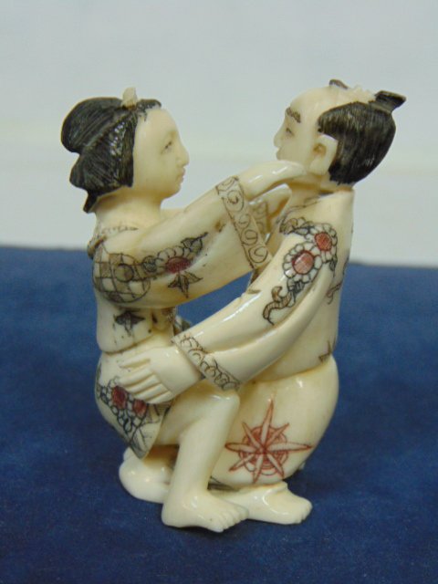 VINTAGE JAPANESE NETSUKE SHUNGA CARVED BONE FIGURES: Up for sale are these very nice vintage hand carved bone Netsuke Shunga figures that are sexually explicit. The piece measures about 2 3/4" tall by about 1 3/4" wide. Condition appears to be very nice