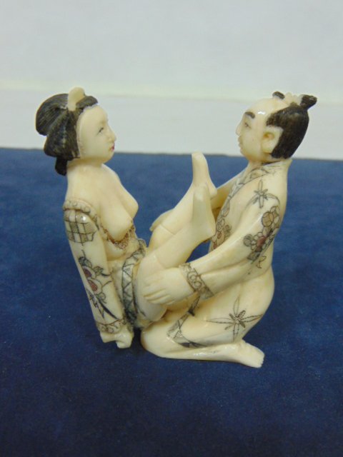 VINTAGE JAPANESE NETSUKE SHUNGA CARVED BONE FIGURES: Up for sale are these very nice vintage hand carved bone Netsuke Shunga figures that are sexually explicit. The male piece measures about 2 3/4" tall by about 1 1/2" wide. The female figure measures 2