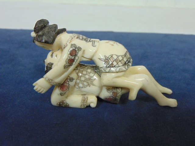 VINTAGE JAPANESE NETSUKE SHUNGA CARVED BONE FIGURES: Up for sale are these very nice vintage hand carved bone Netsuke Shunga figures that are sexually explicit. The male piece measures about 3 1/4" long by about 1 1/4" wide. The female figure measures 2