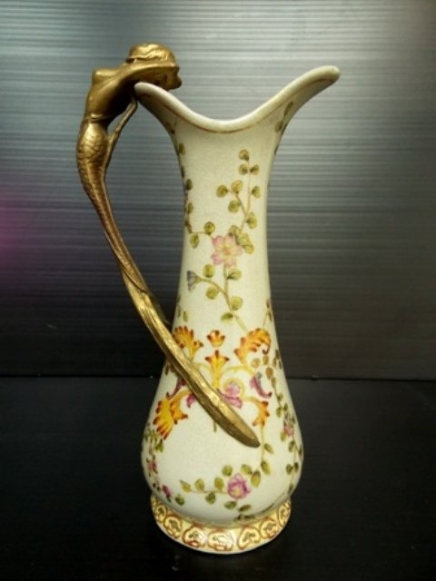 ART NOUVEAU PORCELAIN & BRONZE MERMAID PITCHER: Up for sale is this wonderful, decorative victorian or art nouveau style porcelain pitcher with bronze mermaid. The pitcher measures about 9" tall by 5" long by 3 1/2" wide. Condition of the pitcher i