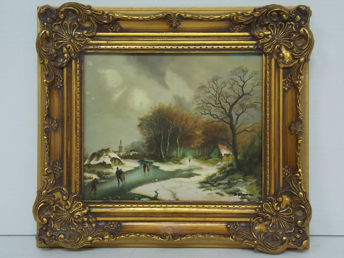 DECORATIVE WINTER SCENE OIL PAINTING SIGNED SIMONS (1 of 5)