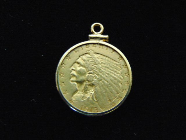 ESTATE FIND 1913 INDIAN HEAD $2.5 GOLD COIN PENDANT (1 of 2)