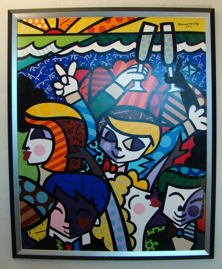 Romero Britto, "Celebration", oil and mixed media on ma: Romero Britto, "Celebration", oil and mixed media on masonite board. Edition 8/12 HC (AP). 41" X 34"