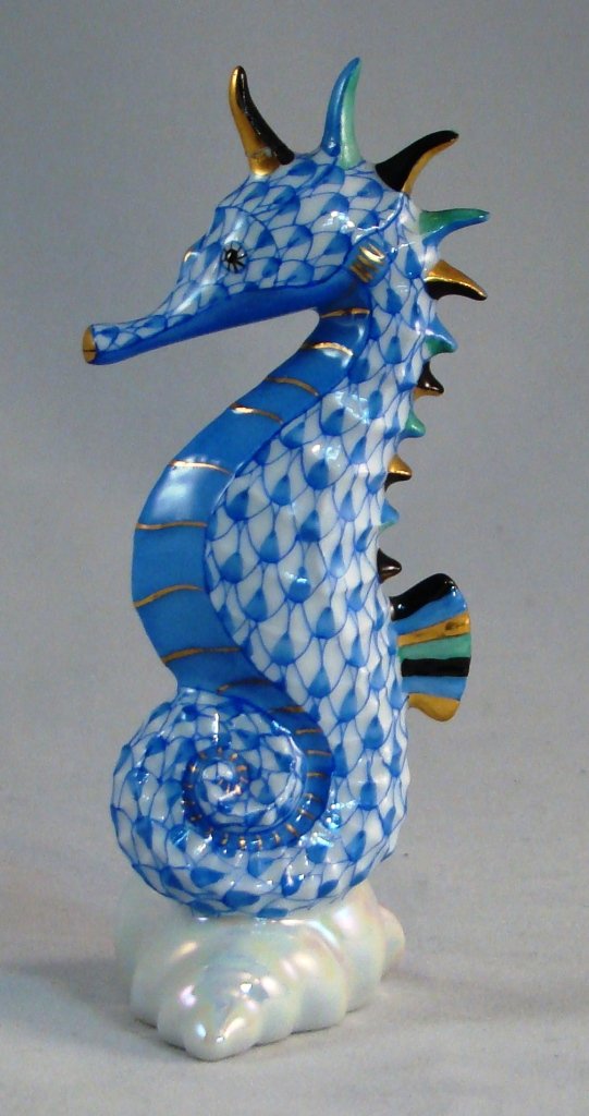 Herend, Blue fishnet Seahorse on a Shell. 4"H (1 of 5)