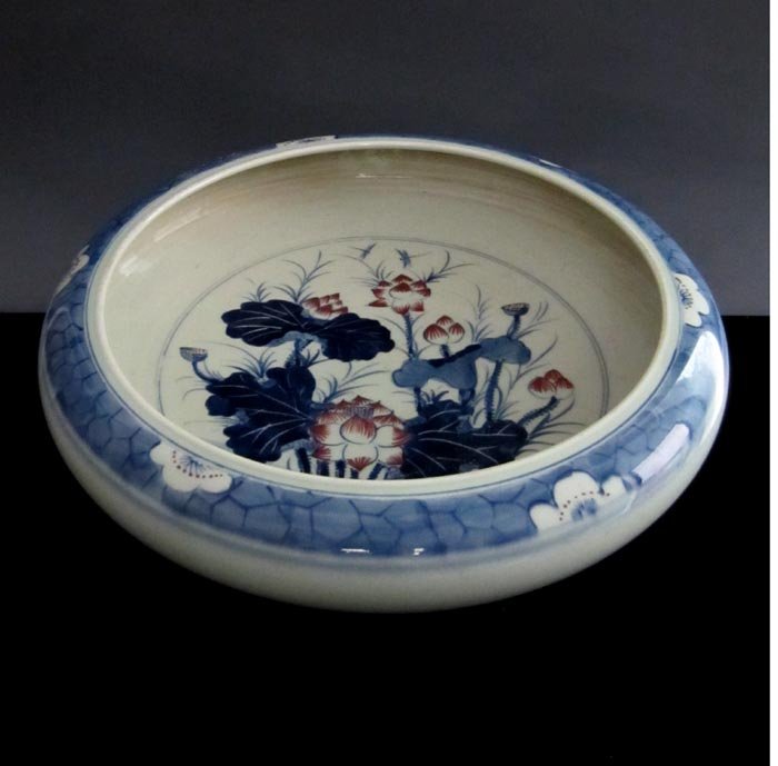 Fine Antique Qing Copper Red and Blue Wash Pot: Fine Antique Chinese Qing Copper Red and Blue Wash Pot with Kangxi Mark, Size: D*H 46*7.5cm.