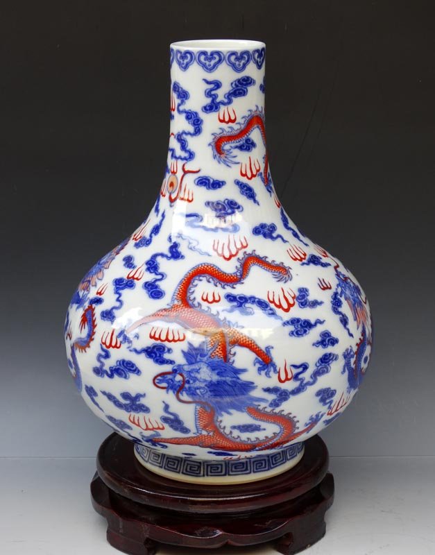 A Fine Chinese Qing B/W and Dou Cai Porcelain Vase: A Fine Fine Chinese Qing Dynasty B/W and Dou Cai Porcelain Vase with a Guangxu Mark, Decorated with a Painting of Dragons and Clouds, Size: H*D 34*24cm