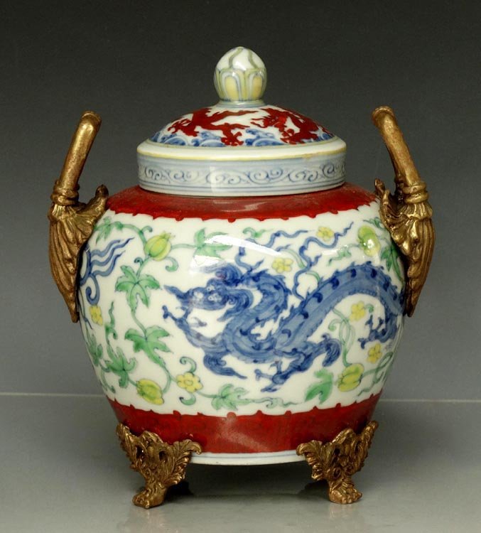 Bronze Mounted Chinese Ming B/W Dou Cai Porcelain Jar: A Bronze Mounted Chinese Ming Chenghua B/W and Dou Cai Porcelain Cover Jar with 'Tian' Mark, Size: H*D 14.5*12cm