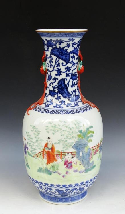 A Chinese Qing B/W and Dou Cai Porcelain Vase: A Chinese Qing Blue White and Dou Cai Porcelain Vase with Qianlong Mark, Size: H*D34*15cm, Highly Important Item, Auction Classification and Museum Quality Guarantee.