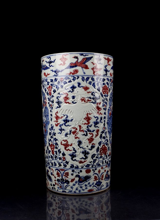 A Top Grade Chinese Qing B/W and Copper Porcelain Umbre: A Very Large Top Grade Chinese Qing Dynasty Period Blue White and Copper Red Porcelain Umbrella Stand, Auction Classification and Museum Quality Guarantee, Size: H*D 51*18.5cm.