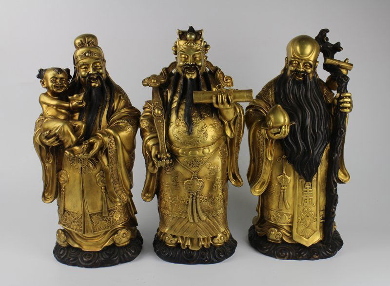 Set of 3 Large Antique Chinese Ming Gilted Gold Bronze (1 of 10)