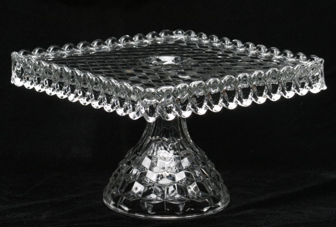 Fostoria American Square Cake Stand.: 6 3/4" h. x 10" square. Undamaged.
