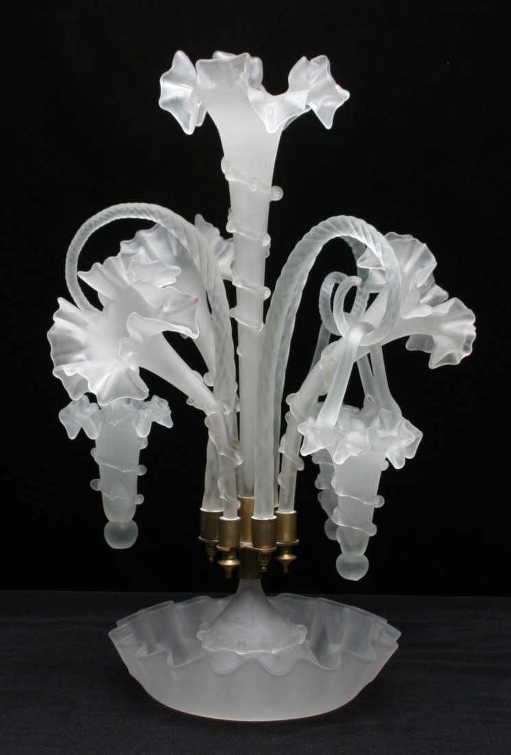 Satin Glass Epergne With Hanging Baskets.: 21" overall height. Undamaged. Arms re-cemented in sockets.