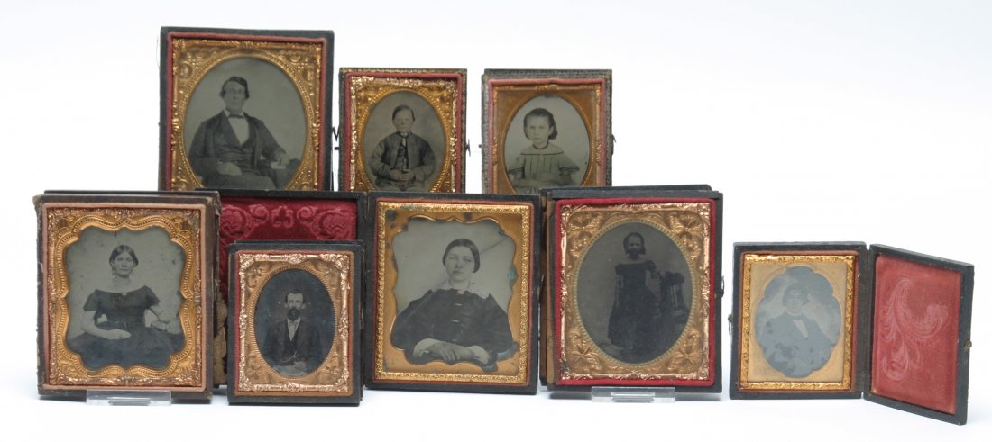Union Army Chaplin Family Ambrotypes, Lot of Eight: 1 case inscribed in apart "Ida Cette Melick Born Aug. 25th, 1862..." / " Dear Father the Rev. P. W. Melick Chaplin of 153 Reg. P. V.....". A ambrotype image of a seated man bears a resemblance to a ph