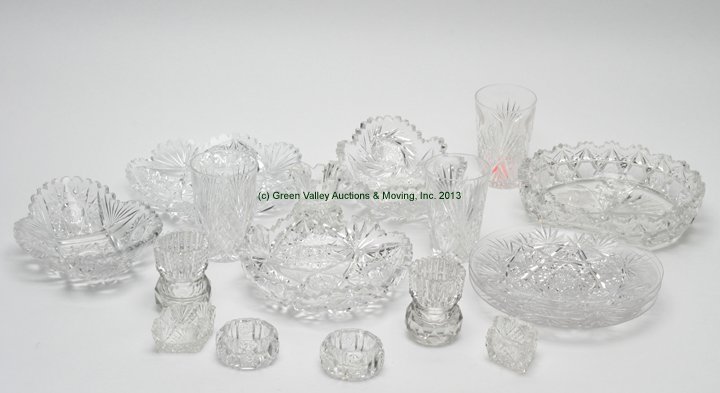 American Cut Brillant Glass, Lot of 18 items.: Includes whiskey tumblers, low open bowls, salt cellars, etc. Imperfections.