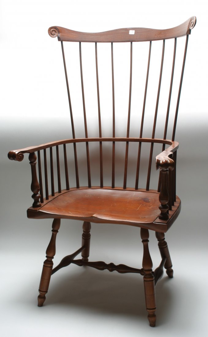 Windsor Highbacked Arm Chair.: Made by Tubb Woodcrafters, Tenn. Carved knuckles. 47" h, 17" seat height, 27 1/2" w, 27" d.