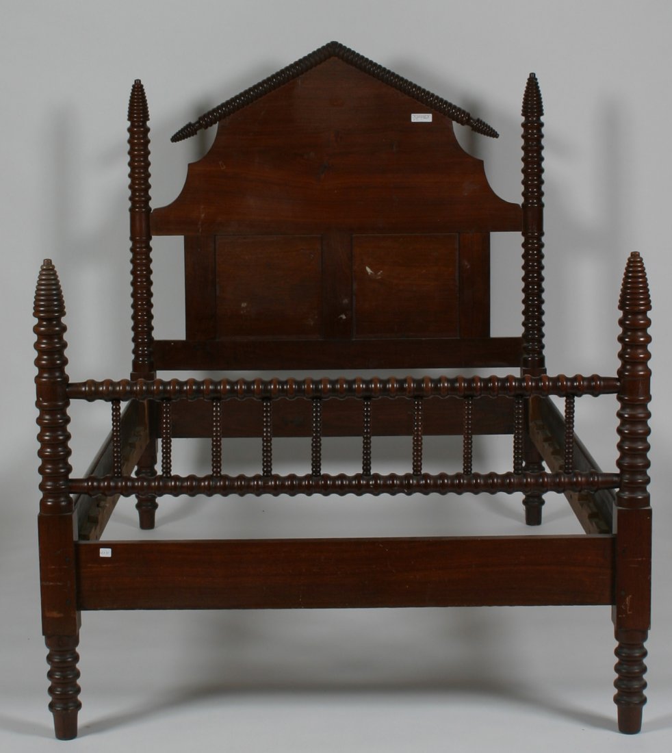 Walnut Spool Bed.: 64" height, 50" mattress size.