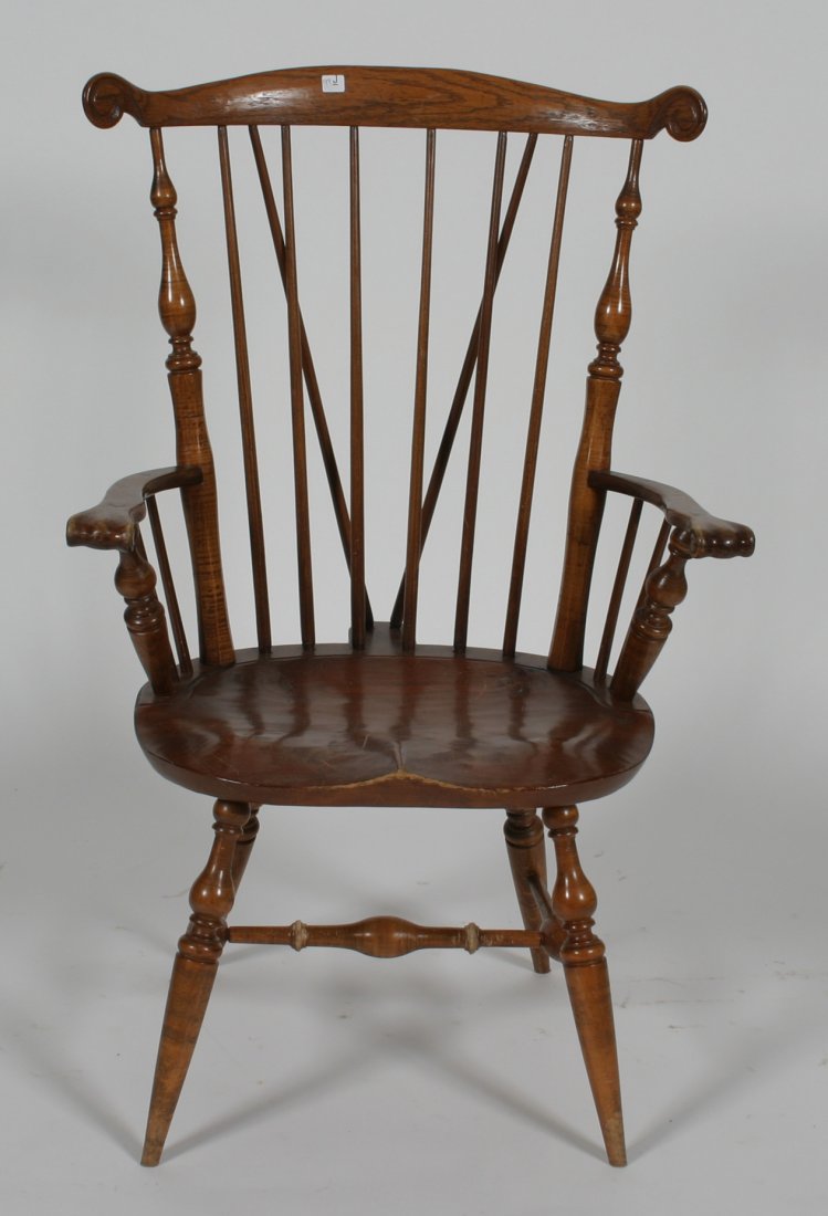 Windsor Fan-Back Arm Chair w/ Carved Knuckles.: 20th c. Finish wear to knuckles & few scratches on seat. 43 1/2" h, 17 1/2" seat height, 27 1/2" w, 21 1/2" d.