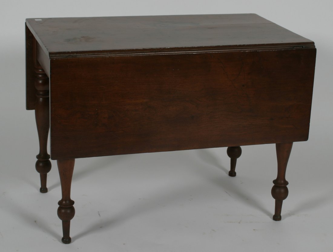 Cherry Drop Leaf Table.: High bulbous turned legs. Came out of an early South Hapton Co., VA house. Restoration. 28 1/2" h, 28 1/2" w, 23" d. (14" leaves.)