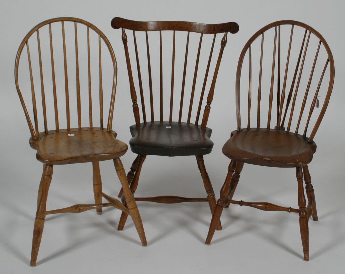Lot of 3 Windsor Side Chairs.: Fan-back & 2 bow-back chairs. Various repairs.
