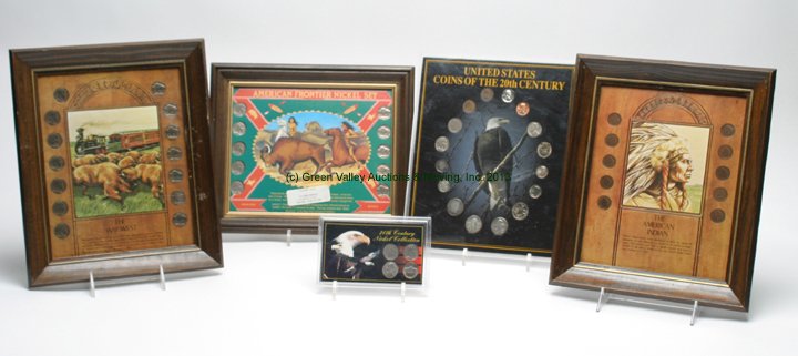 United States Silver & Other Collector Coins.: Framed set 20th c. coins, 2 framed sets Buffalo nickels, framed set Indian Head pennies, plastic case American nickels.
