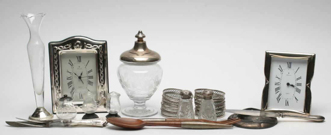 Sterling Household Items.: Lot of 22. Various makers. Includes engraved crystal candy jar with sterling lid, 925 silver clock frames, etc. Imperfections.