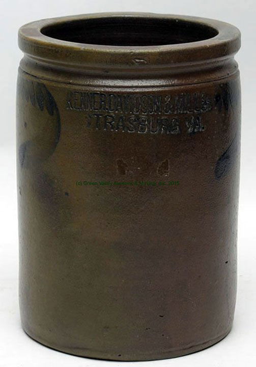 Kenner, Davidson & Miller, Strasburg 1 gallon Jar: Kenner, Davidson & Miller, Strasburg, Virginia Boldly Stamped Cobalt Decorated 1 gallon Stoneware Jar. This was a short lived partnership of valley potters & retailer from 1878-1879. 9" H, 6 1/2" D ri