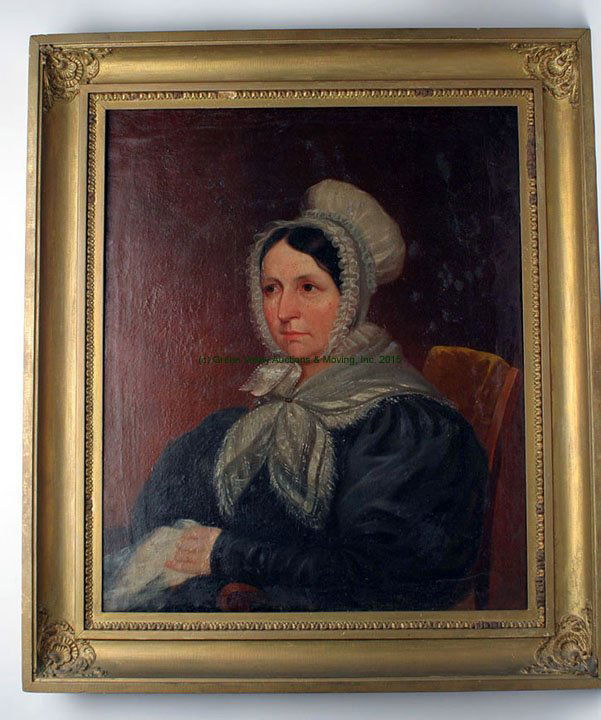 In the School of Thomas Sully, Oil on Canvas Portrait: In the School of Thomas Sully, Oil on Canvas Portrait of stately woman wearing an elaborate bonnet. Descended in a prominent Waynesboro, Virginia family. Canvas 30" x 25". Frame 38" x 33 1/4".
