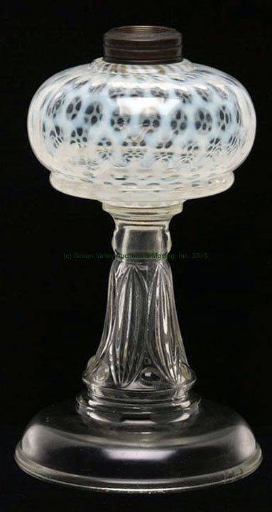 Coin Dot White Opalescent Oil Lamp: Coin Dot White Opalescent Oil Lamp. 9 1/2" H to top of collar. Lee Roy Weaver Estate, Stanley, Virgina.