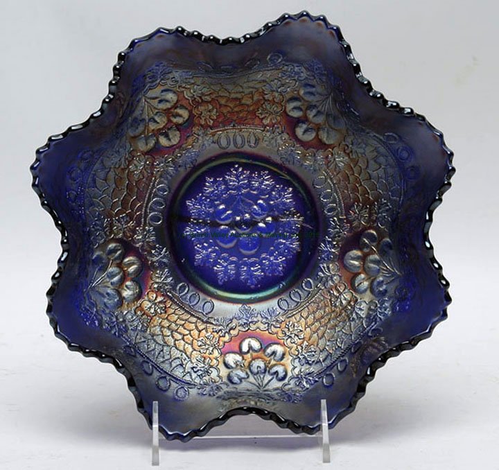 Fenton Cherry Chain Cobalt Ruffled Bowl: Fenton Cherry Chain Cobalt Ruffled Bowl. 10" D, 2 7/8" H. Lee Roy Weaver Estate, Stanley, Virgina.