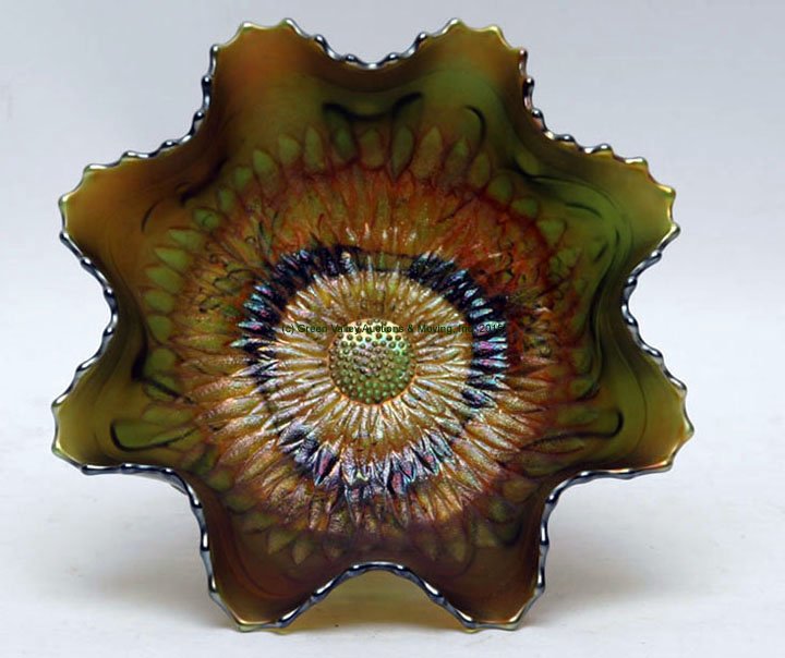 Northwood Sunflower Green Ruffled Bowl: Northwood Sunflower Green Ruffled Bowl with spatula feet. 8" D, 3 3/4" H. Lee Roy Weaver Estate, Stanley, Virgina.