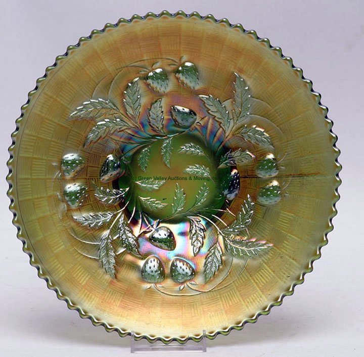 Northwood Strawberry Green Plate: Northwood Strawberry Green Plate with basketweave exterior. 8 7/8" D, 1 3/4" H. Lee Roy Weaver Estate, Stanley, Virgina.