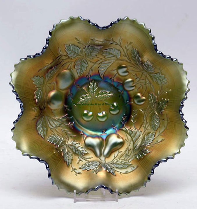 Northwood Three Fruits Green Ruffled Bowl: Northwood Three Fruits Green Ruffled Bowl. Basketweave exterior. 8 1/2" D, 2 1/2" H. Lee Roy Weaver Estate, Stanley, Virgina.