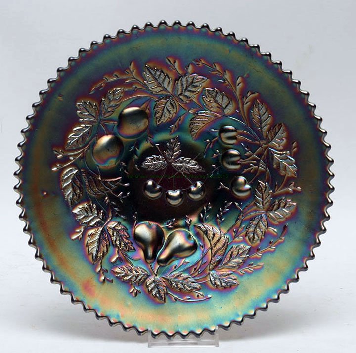 Northwood Three Fruits Amethyst Plate: Northwood Three Fruits Amethyst Plate with basketweave exterior. 9 1/8" D, 1 3/4" H. Lee Roy Weaver Estate, Stanley, Virgina.
