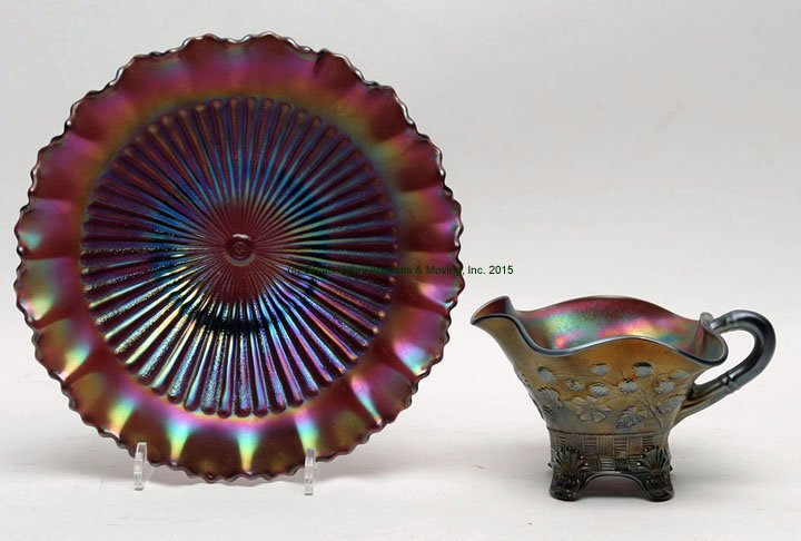 Northwood Amethyst Glass (Lot of Two): Northwood Amethyst Glass (Lot of Two). Stippled Rays bowl, 9 1/2" D. Raspberry gravy boat, 3 7/8" H. Lee Roy Weaver Estate, Stanley, Virgina.