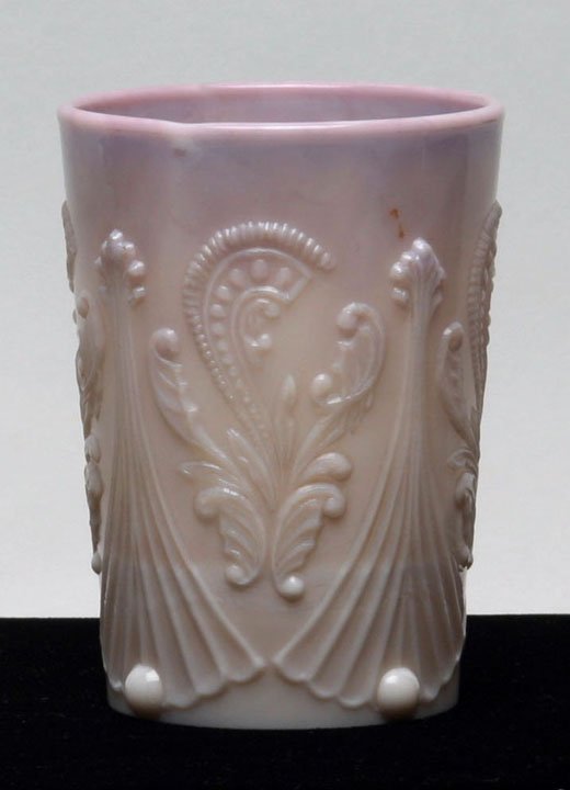 Dugan Inverted Fan & Feather Tumbler: Dugan Inverted Fan & Feather Water Tumbler with pale purple shading to light pink slag. 3 7/8" H. Carolyn Price Collection.