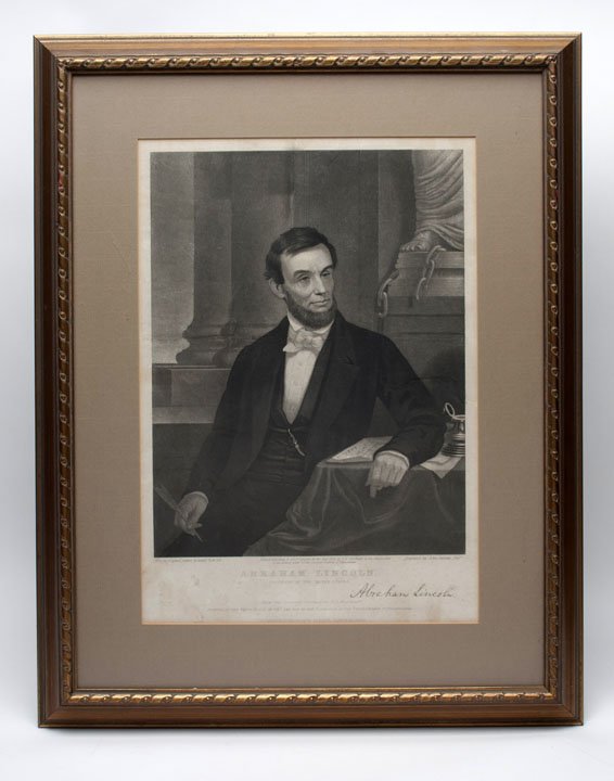 Abraham Lincoln Steel Engraving: 1864 Abraham Lincoln Steel Engraving by John Sartain of Philadelphia, Pennsylvannia based on the original 1863 portrait by E. D. Marchant. Overall size 22 1/2" x 18". John Van Meter Collection, Peters