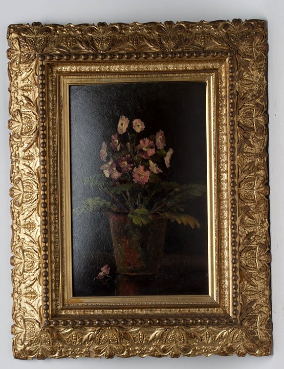 19th C. Continental School Oil On Panel: Still Life Pot of Flowers Painting in a fine gesso frame. Unsigned. Art 14" x 9", Overal 22" x 17". Audrienne Toomey Estate, Harrisonburg, Virginia.