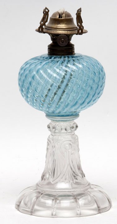 Sheldon Swirl Blue Opalescent Lamp: Sheldon Swirl Sapphire Blue Opalescent Lamp. 8 3/8" H to collar. Lee Roy Weaver Estate, Stanley, Virgina..