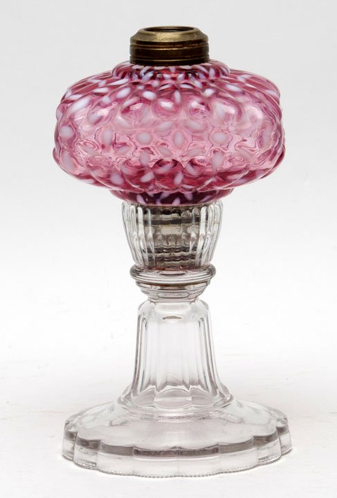 Hobbs Snowflake Cranberry Opalescent Oil Lamp: Hobbs Snowflake Cranberry Opalescent Oil Lamp with glass sleeve. 7 1/2" H to collar. Lee Roy Weaver Estate, Stanley, Virginia.