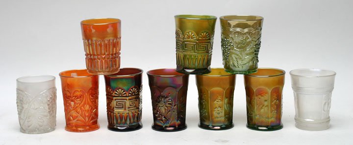 Carnival Glass Tumblers, Lot of Ten: Carnival Glass Tumblers, lot of ten consisting of green & amethyst Greek Key, green Singing Birds, amethyst Dandelion, marigold Wishbone, white Peach, marigold File, white Palm Beach, green Imperial G