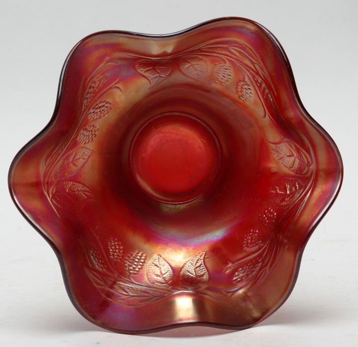 Fenton Blackberry Spray Red Hat: Fenton Carnival Glass Blackberry Spray Red Ruffled Hat with good iridescence. Fenton Art Glass Co. 6 3/8" D, 3" HOA. Carolyn Price Collection, Bridgewater, Virginia.
