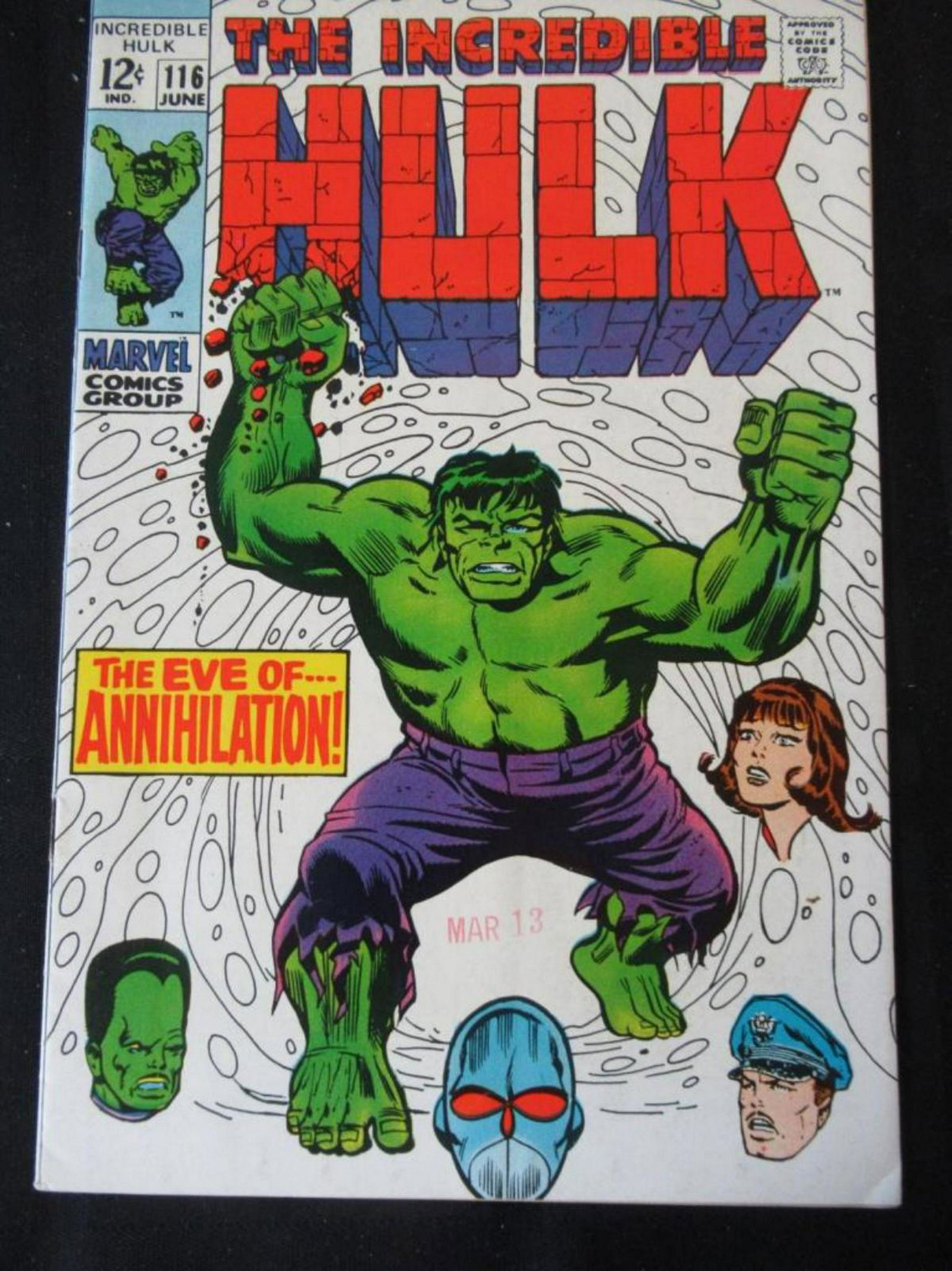 The Incredible Hulk 12c #116 Eve of Annihilation: The Incredible Hulk 12c #116 Eve of Annihilation nice shape but does have date stamp on cover