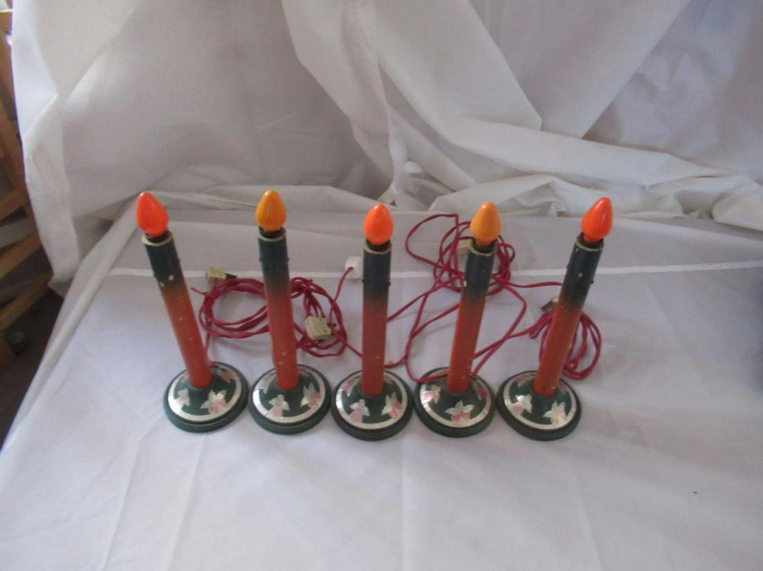 5 Vintage German Christmas Candle Lights - working: 5 Vintage Wood Hand Painted German Christmas Candle Lights - working