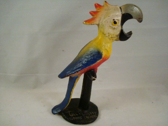 'Call Parrott Start Packing' Parrot Bottle Opener: Call Parrott Start Packing' Parrot Bottle Opener - very nice paint5.5" tall - cast - marked 'Call Parrot Start Packing'