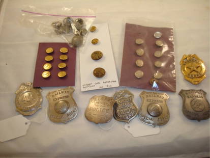 Railroad Buttons and Badges Lot: Railroad Buttons and Badges Lot - Special agent, Police, School Safety Patrol, Security Guard badges - Street Car Motorman buttons, New England Transportation buttons, New Hampshire Electric Railways